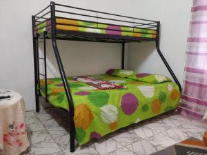 a bedroom with a bunk bed with a green at mango guest house in La Ferme
