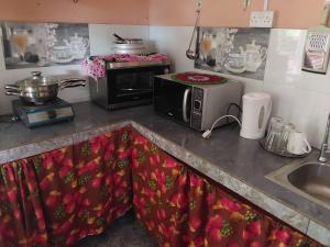 a kitchen counter with a microwave and a sink at mango guest house in La Ferme