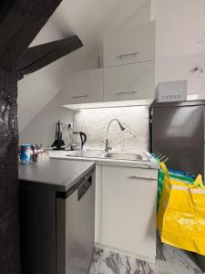 a white kitchen with a sink and a refrigerator at Loft Apartment with Parking in Poruba