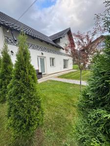 a white house with a green yard with bushes at Eva House in Ciocăneşti