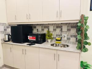 a kitchen counter with a microwave and a sink at Stay Premium in Islamabad