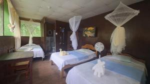 a bedroom with two beds with nets on the walls at Amazon Bromelia Lodge & Expeditions in Iquitos +65 photos