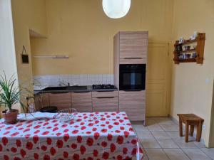 a kitchen with a table with a red flowered table cloth at La Chaussée de l'Etang in Marcenay