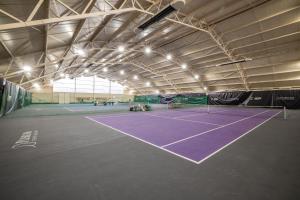 a tennis court with a purple tennis court at Oaza Ricany in Ricany