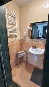 a bathroom with a sink and a mirror at Cyprianówka in Warszowice +40 photos