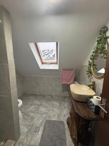 a bathroom with a sink and a skylight at Eva House in Ciocăneşti +17 photos