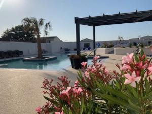 a swimming pool with pink flowers in the foreground at Camping La Pointe du Talud in Ploemeur