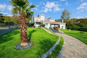 a palm tree in front of a house at Las Palmas in Kavála