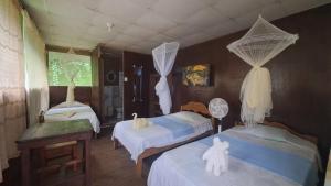 a room with two beds and a room with a room with two at Amazon Bromelia Lodge & Expeditions in Iquitos