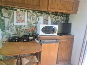 a small kitchen with a microwave and a table at La petite caravane de Vallye in Maxent