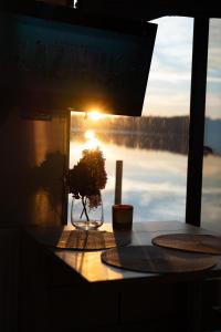 a vase with a plant on a table with the sunset at Houseboat Pałuki in Sobiejuchy