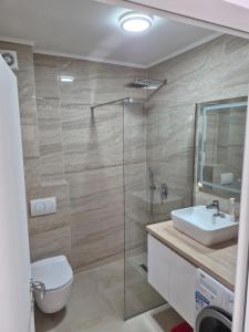 a bathroom with a toilet and a sink and a shower at Lux apartmani Anastasija in Sutomore +29 photos