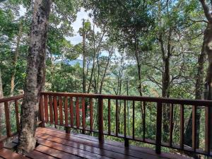 a wooden deck with a view of the woods at Cabaña Ardilla Corralillo in Corralillo +25 photos