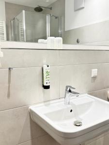 a white bathroom with a sink and a mirror at Küffner Hof in Langenbeutingen