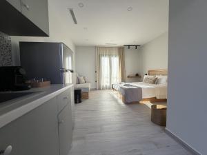 a kitchen and a bedroom with a bed and a kitchen at Ampelitis Studios Lemnos in Agios Ioannis Kaspaka