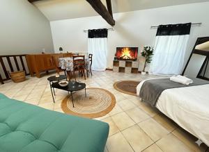 a living room with a bed and a fireplace at Station Studio - Proche RER A - Wifi in Noisy-le-Grand
