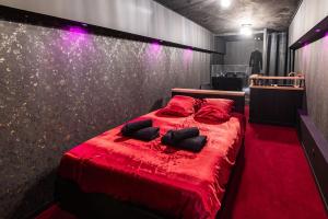 a bedroom with a red bed with black pillows on it at Ruby Room in Mâcon +12 photos