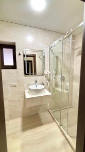 a bathroom with a sink and a shower at Continental SPA in Palyanytsya