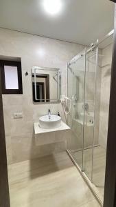 a bathroom with a sink and a shower at Continental SPA in Palyanytsya