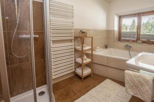 a bathroom with a shower and a tub and a sink at Ferienwohnung Bergblick in Filzmoos