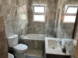 a bathroom with a toilet and a tub and a sink at Capelas Pdl Apartment in Ponta Delgada +24 photos