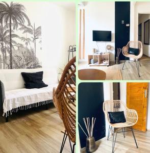 two pictures of a living room with a couch and chairs at Emeraude tropicale in Goyave