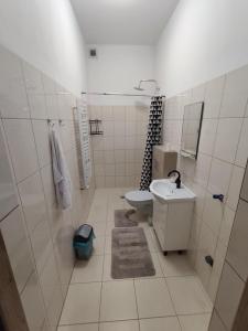 a white bathroom with a sink and a toilet at Apartamenty u Wieśka in Żuromino +28 photos