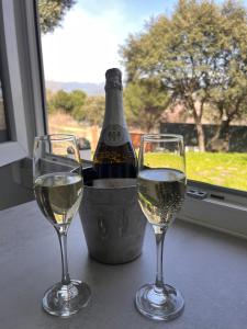 two glasses of white wine next to a bottle of wine at La Casita del Escorial -Nueva reforma Tranquilidad y jardín privado in El Escorial +36 photos
