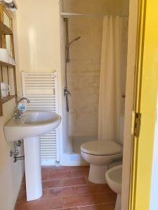 a bathroom with a sink and a toilet and a shower at Casa Rosmarino Malgrate in Filetto +6 photos