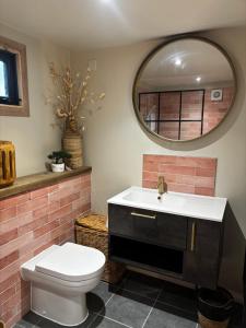 a bathroom with a sink and a toilet and a mirror at The Cabin in St. Ives