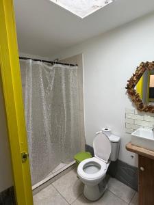 a bathroom with a white toilet and a sink at Apartahotel Casa Azul Salento in Salento