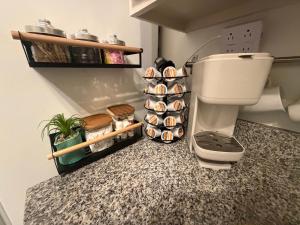 ein Badezimmer mit Toilette und einem Regal mit Lebensmitteln in der Unterkunft Relaxing 1bd 1ba Condo - Ocean Front Complex in New Smyrna Beach in New Smyrna Beach + 33 Fotos