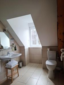 a bathroom with a sink toilet and a window at Le Grand Hôtel Ussel ''nouvelle Gérance 2023'' in Ussel