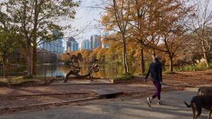 a person walking a dog in a park at Luxurious Midtown Apartment w Sky Lounge & Pool in Atlanta