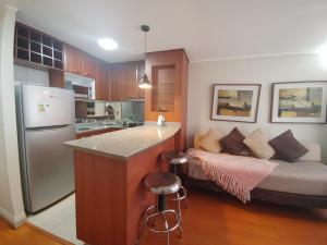 a kitchen with a couch in the middle of a room at Apart Hotel Cambiaso in Santiago