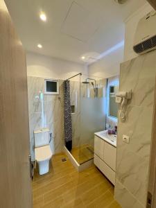 a bathroom with a shower and a toilet and a sink at Coralli Pentati 1 "Dimitris Apartments" in Pentátion +21 photos