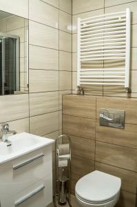 a bathroom with a toilet and a sink and a mirror at Przystań Baseny in Nowogród Bobrzański