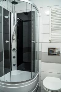 a glass shower in a bathroom with a toilet at Przystań Baseny in Nowogród Bobrzański