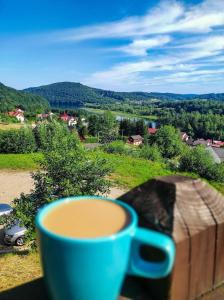 a blue cup of coffee sitting on top of a fence at Róża Wiatrów in Solina