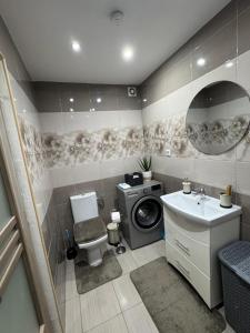 a bathroom with a washing machine and a sink at Hidden Apartment in Miercurea-Ciuc +20 photos