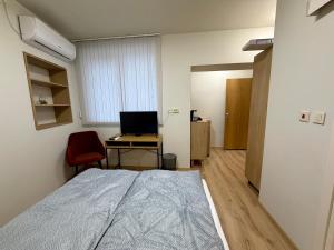 a bedroom with a bed and a desk with a laptop at Boutique Rooms Desi 2 in Pleven