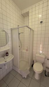 a bathroom with a shower and a toilet and a sink at Lisboa II Hotel Restaurant in Luxembourg +35 photos