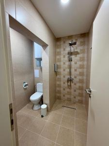 a bathroom with a toilet and a shower at Boutique Rooms Desi 3 in Pleven