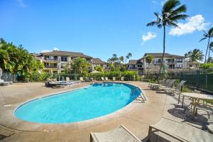 a swimming pool with chairs and a palm tree at Kahala 312 in Kipu