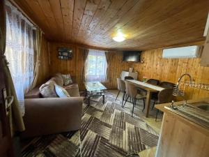 a living room with a couch and a table at Cabana Paltini in Costeşti