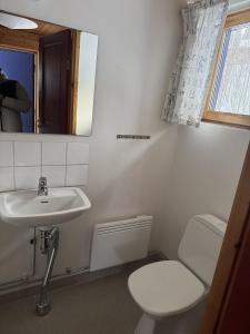 a white bathroom with a toilet and a sink at Skutstuga 4 - Gruvbacken Huså in Järpen