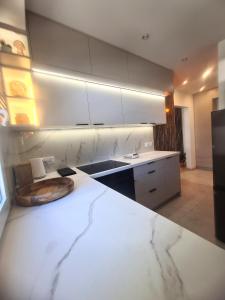 a kitchen with white cabinets and a counter top at TARNO Lake Apartment in Tarnobrzeg