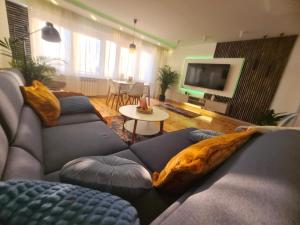 a living room with a couch with a pillow on it at TARNO Lake Apartment in Tarnobrzeg +34 photos