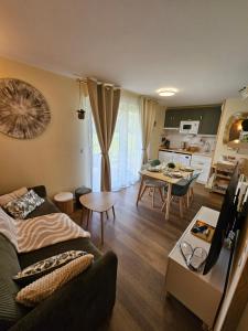 a living room with a couch and a table at Le Trésor du Lac - Casteljaloux - Lac de Clarens - Appartement - Piscine - Parking - WIFI - Accès privée Plage - Golf - Casino - Terra Aventura - So Vélo in Casteljaloux
