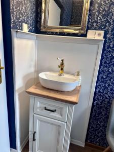 a bathroom with a sink and a mirror at Restaurace a penzion u Kulíků in Raspenava